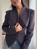 Women's Pleated Blazer Jacket with Wrap Front and Button Detail - 3