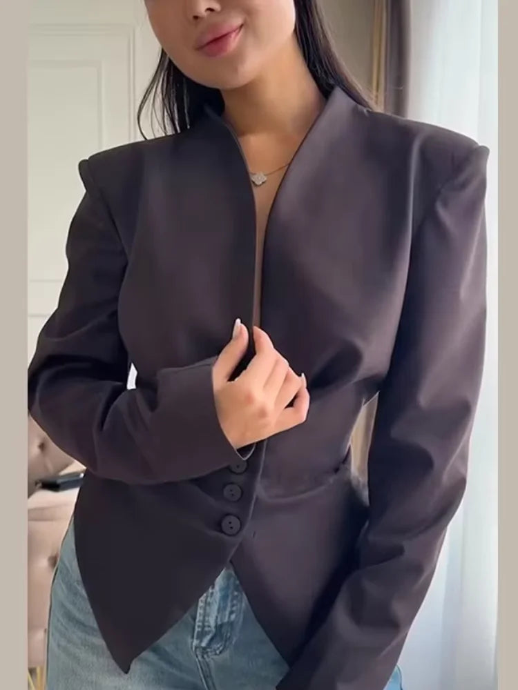 Women's Pleated Blazer Jacket with Wrap Front and Button Detail - 3
