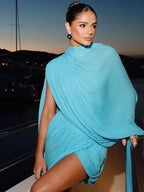 Women's Asymmetric Draped Dress with One Shoulder Balloon Sleeve - 5
