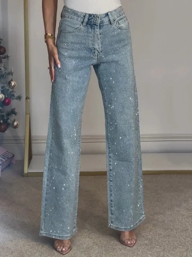 Women's High-Waist Straight-Leg Jeans with Diamante Detailing - 7