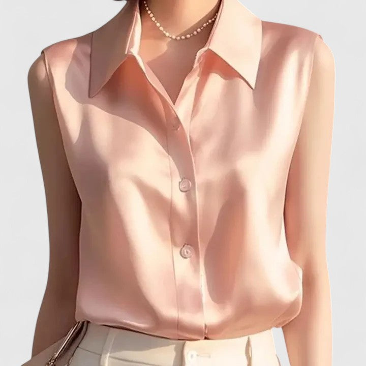 Women's Sleeveless Blouse with Collar and Button-Up Front - Pink
