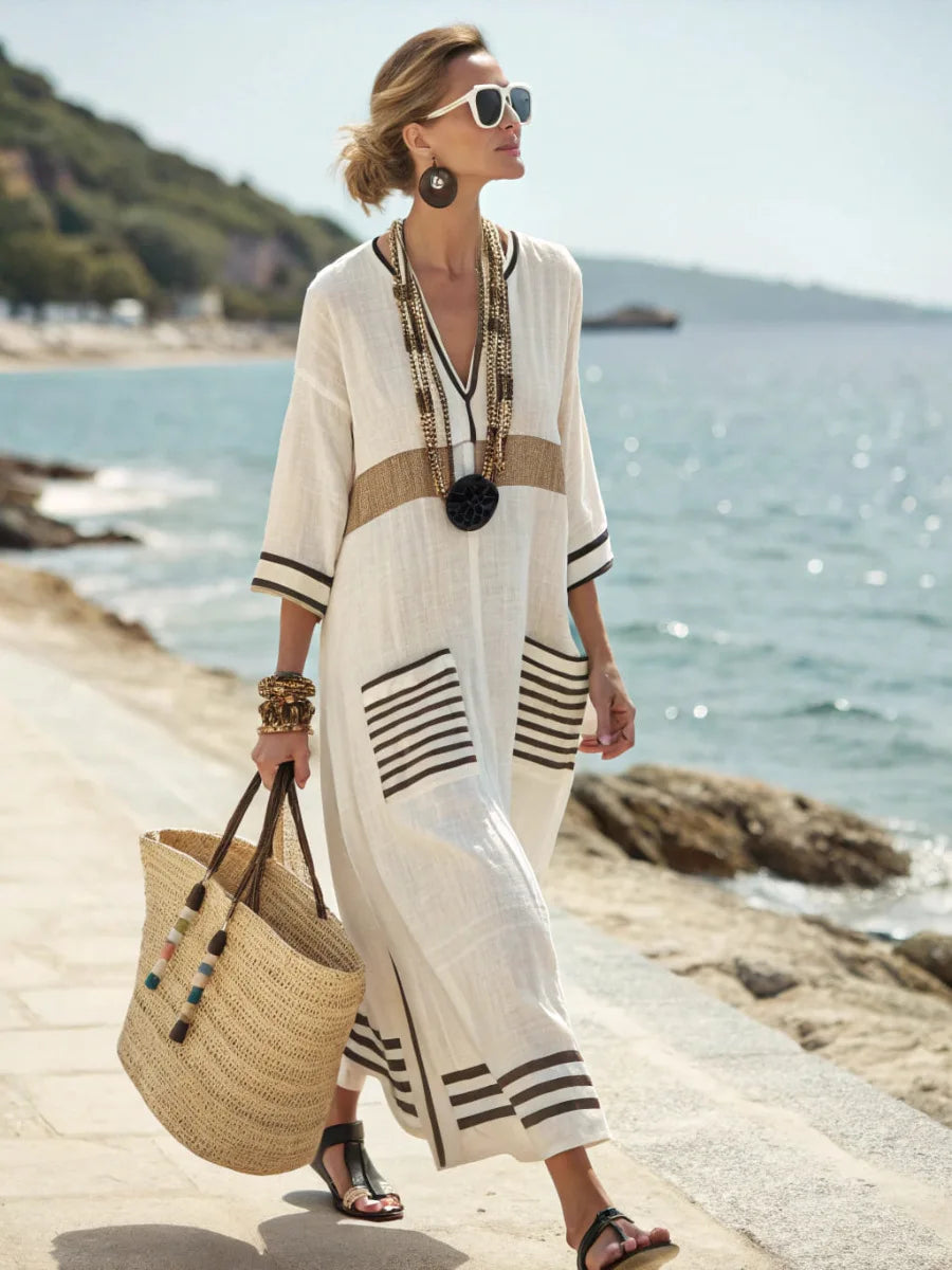 Women's Kaftan Maxi Dress with V-Neck and Striped Trim - Black