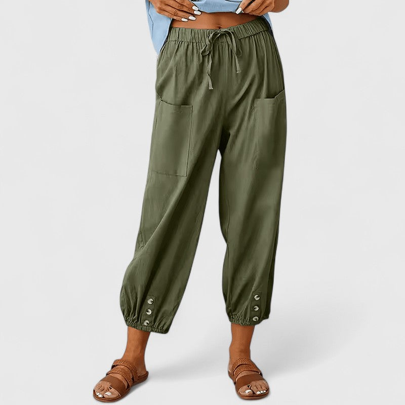 Women's Wide-Leg Trousers with Elastic High Waist - Army Green
