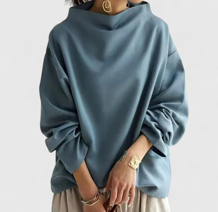 Women's Top High Neck Long Sleeve with Relaxed Silhouette - Blue