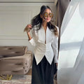Women's Pleated Blazer Jacket with Wrap Front and Button Detail - White Jacket A