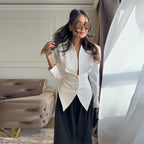 Women's Pleated Blazer Jacket with Wrap Front and Button Detail - White Jacket A