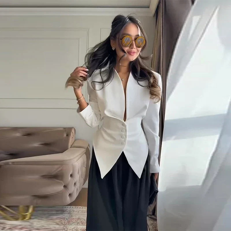 Women's Pleated Blazer Jacket with Wrap Front and Button Detail - White Jacket A