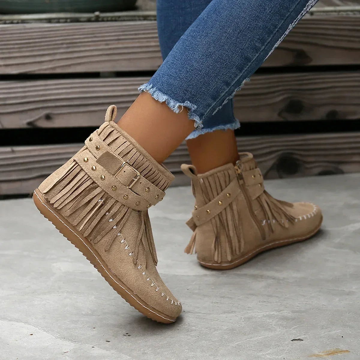 Women's Ankle Boots with Fringe and Studs, Western Boho Style - 6