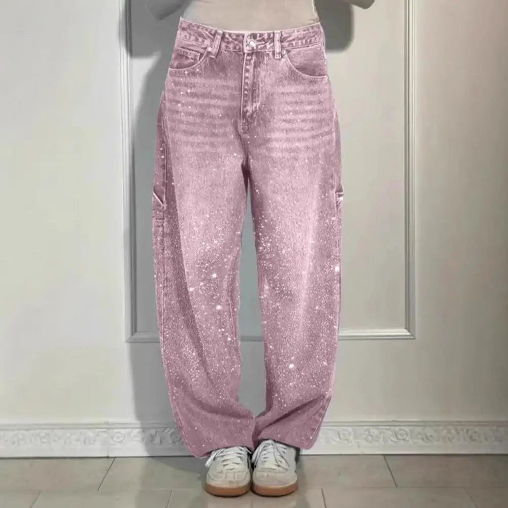 Women's Wide-Leg Jeans with Embellished Crystal Detail - 3