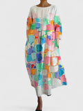 Women's Midi Dress Three-Quarter Sleeve with Round Neck and Floral Print - Flower 2