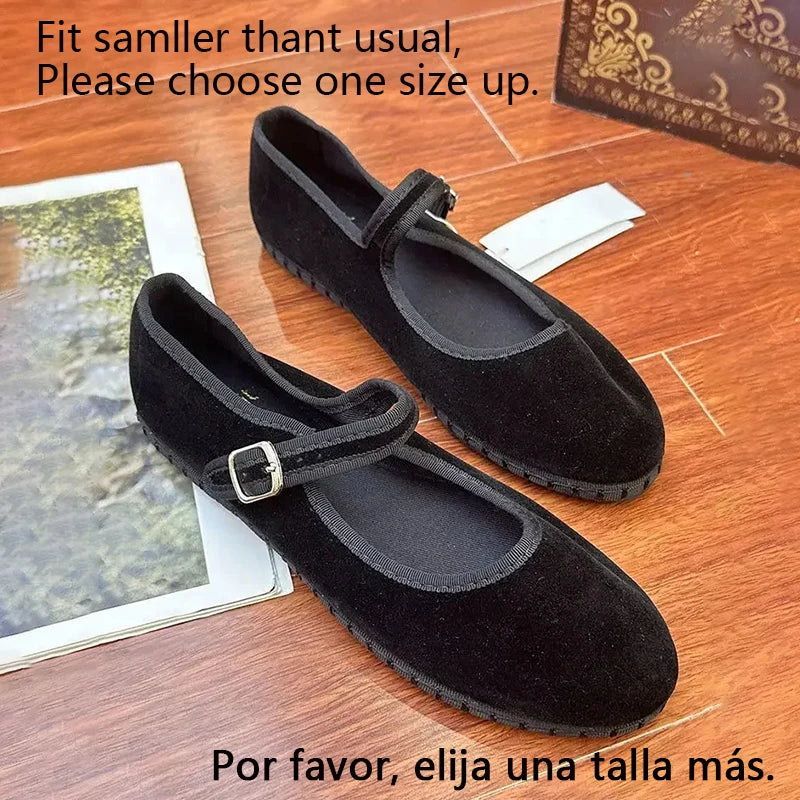 Women's Mary Jane Ballet Flats with Strap Detail - Black