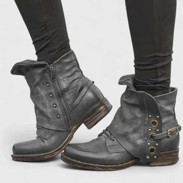 Women's Slouch Boots with Buckle Strap and Side Zip - Grey