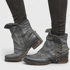 Women's Slouch Boots with Buckle Strap and Side Zip - Grey