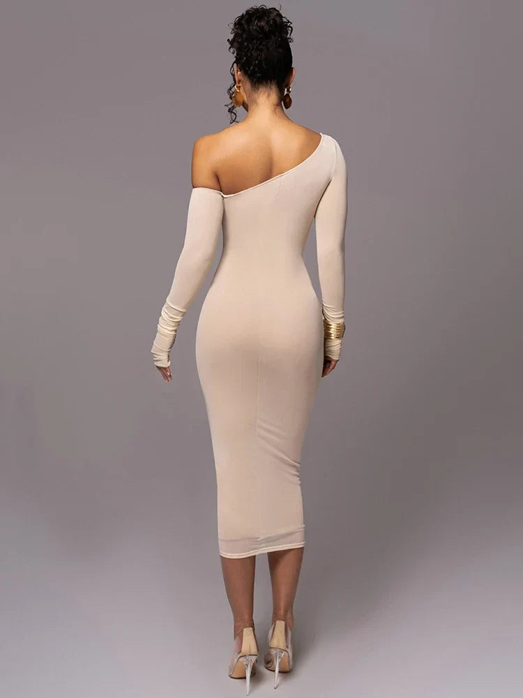 Women's Bodycon Midi Dress with One-Shoulder Ruched Design - 8