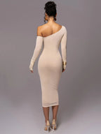 Women's Bodycon Midi Dress with One-Shoulder Ruched Design - 8