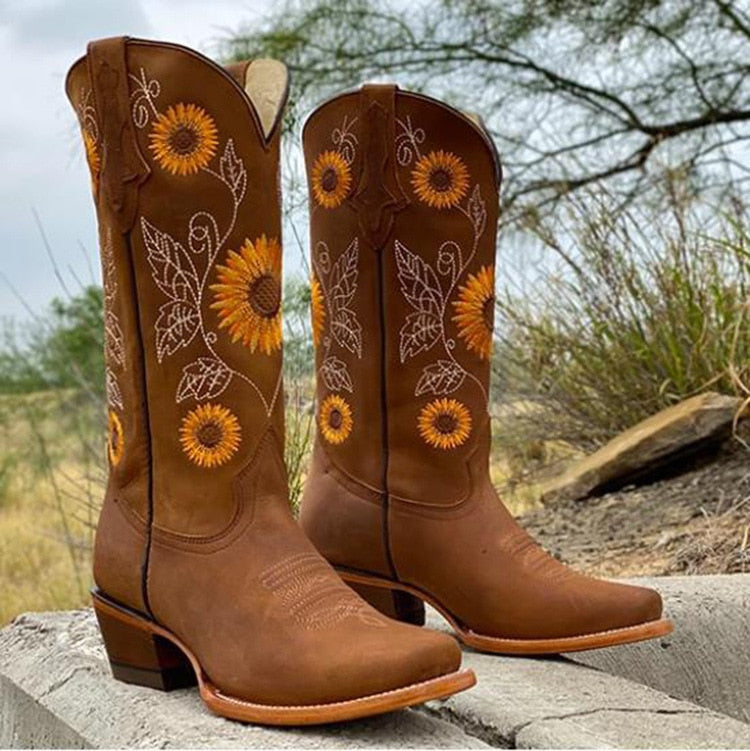 Women's Western Boots with Sunflower Embroidery and Scalloped Topline - Brown
