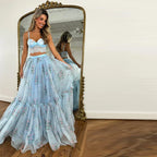 Women's Two-Piece Set Lace Bralette with Floral Tiered Maxi Skirt - 5