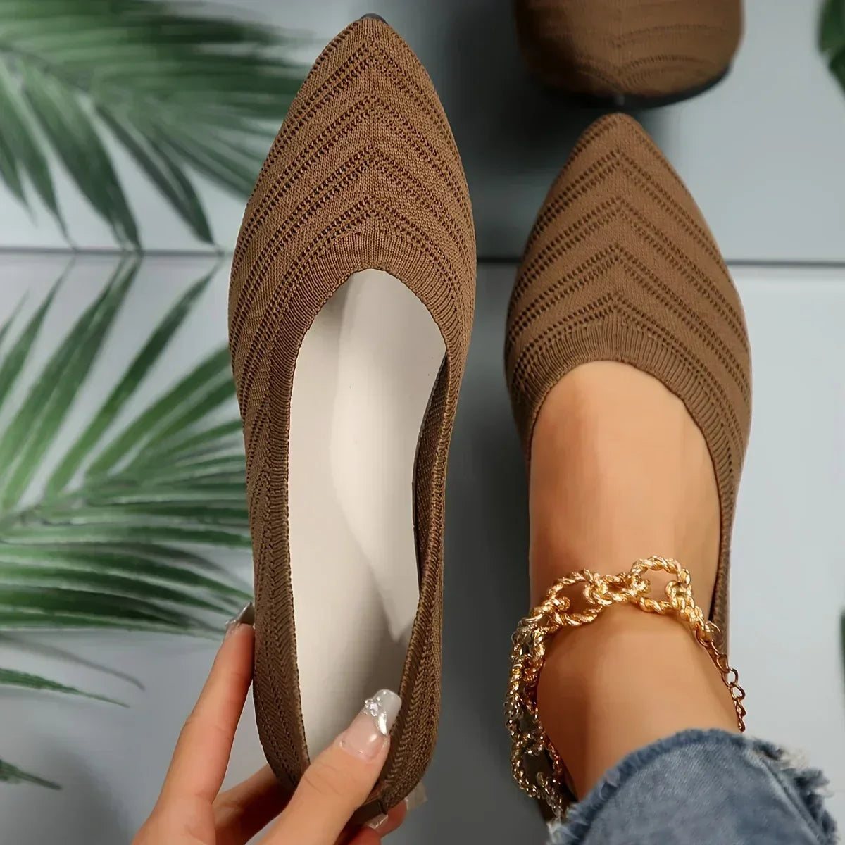 Women's Knit Ballet Flats with Pointed Toe - Light Brown
