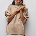 Women's Roll-Neck Jumper with Short Sleeves and Relaxed Fit - Beige