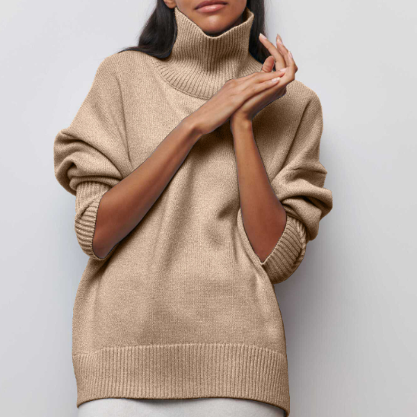 Women's Roll-Neck Jumper with Short Sleeves and Relaxed Fit - Beige
