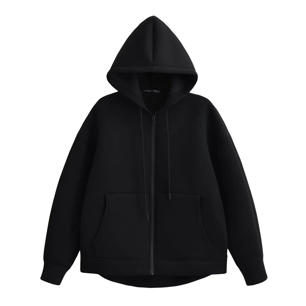 Women's Hooded Zip Jacket with Relaxed Fit and Drop Shoulders - Black