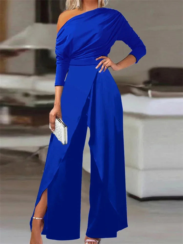 Women's Wide-Leg Jumpsuit with Cold-Shoulder Neckline and Draped Front - Blue