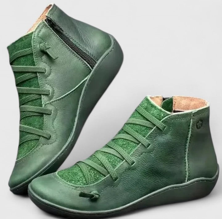 Women's Ankle Boots with Lace-Up Detail and Side Zip - Green