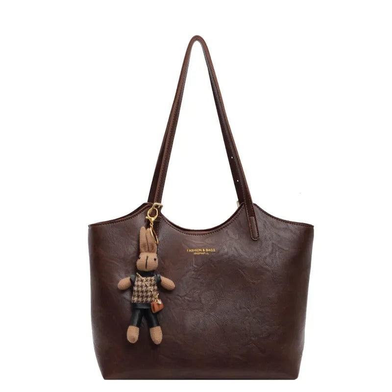 Women's Tote Bag with Detachable Charm and Vintage Finish - Dark Brown