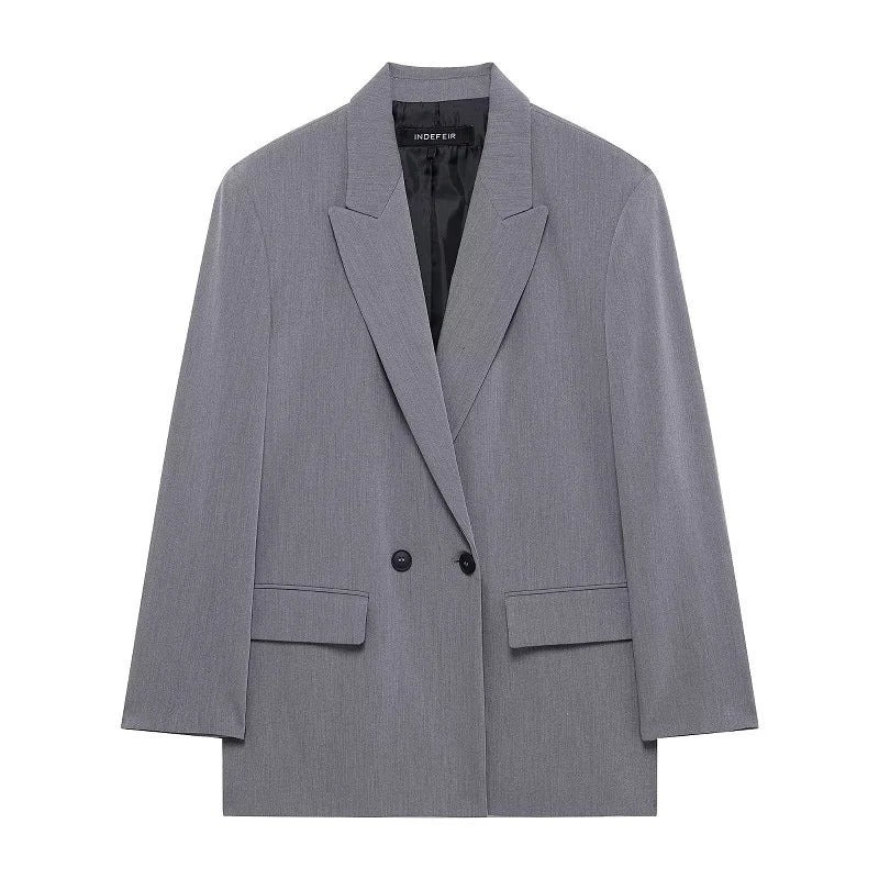 Women's Structured Blazer with Notched Lapel and Double Button - Gray