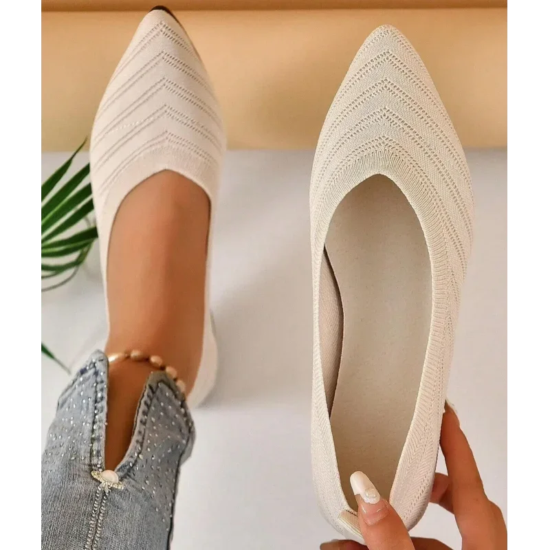 Women's Ballet Flats Pointed Toe with Stretch Knit Upper - Beige