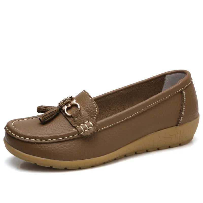Women's Slip-On Loafers with Tassel Trim and Wedge Sole - Khaki