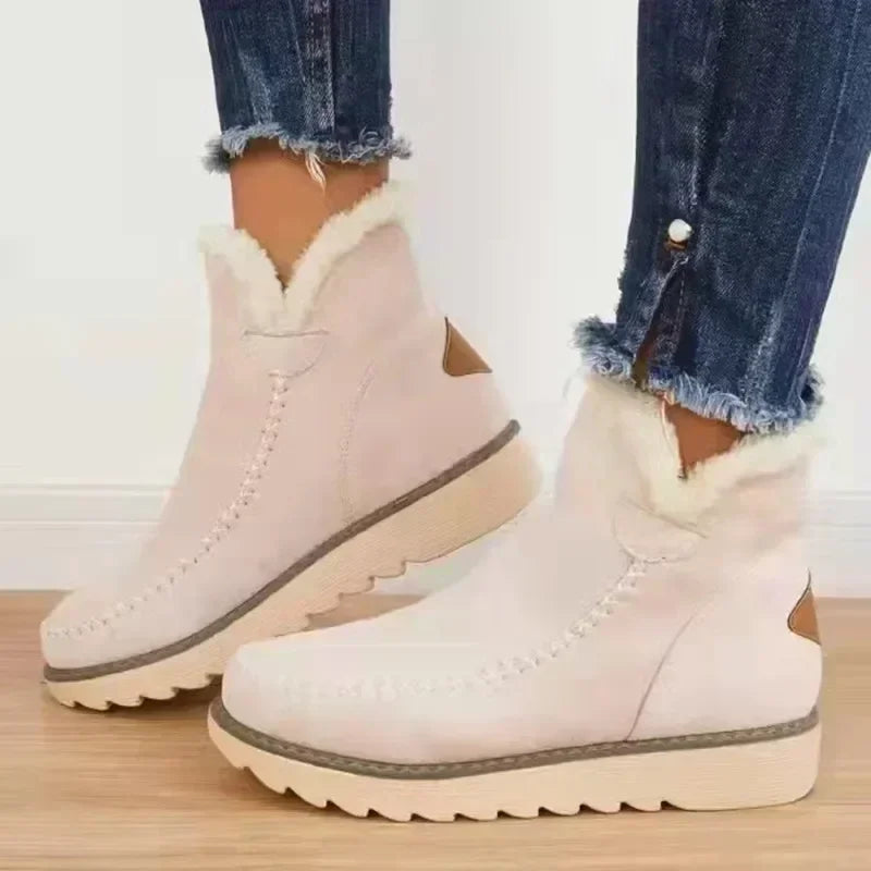 Women's Ankle Boots Slip-On with Fleece Lining and Ridged Sole - Beige