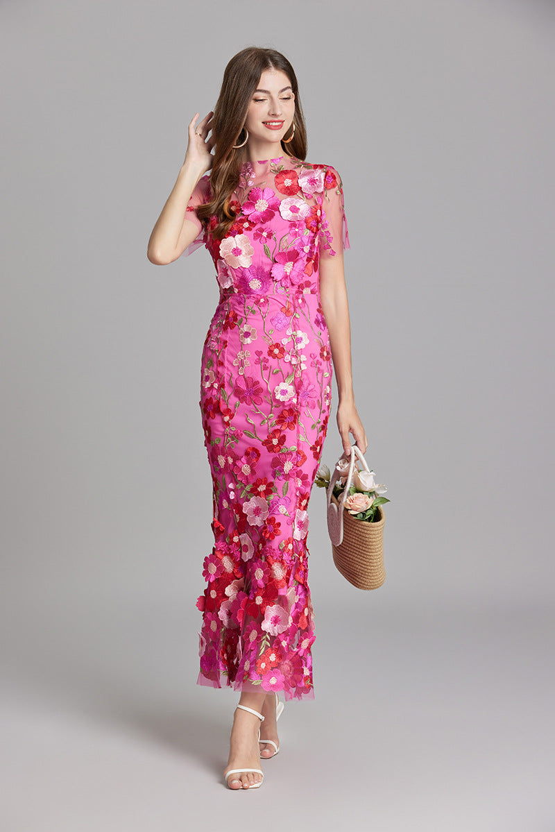 Women's Midi Dress Floral Appliqué with High Neckline and Sheer Sleeves - 6