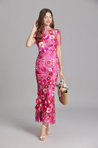 Women's Midi Dress Floral Appliqué with High Neckline and Sheer Sleeves - 6