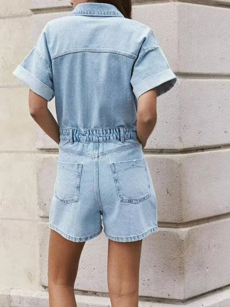 Women's Denim Playsuit with Chest Pockets and Button Front - 6