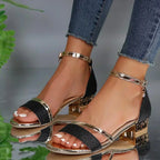 Women's Sandals with Adjustable Ankle Strap and Block Heel - Black