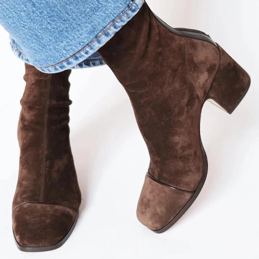 Women's Ankle Boots with Block Heel and Contrast Panel - 2