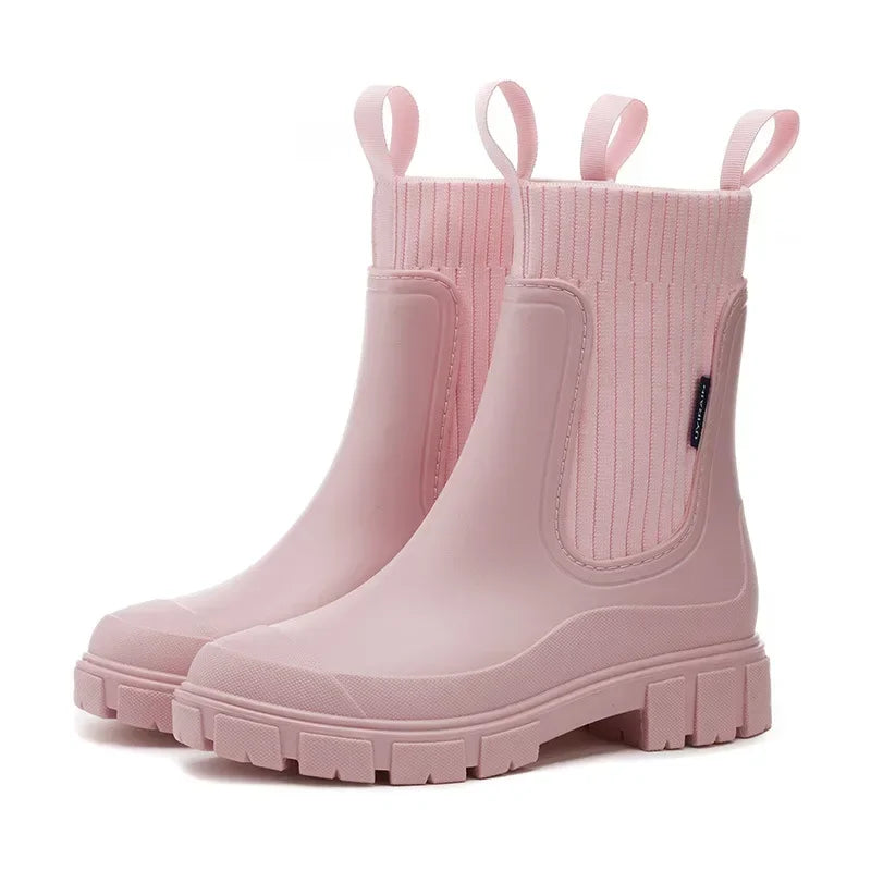 Women's Chelsea Rain Boots with Elastic Panels and Comfort Sole - Pink
