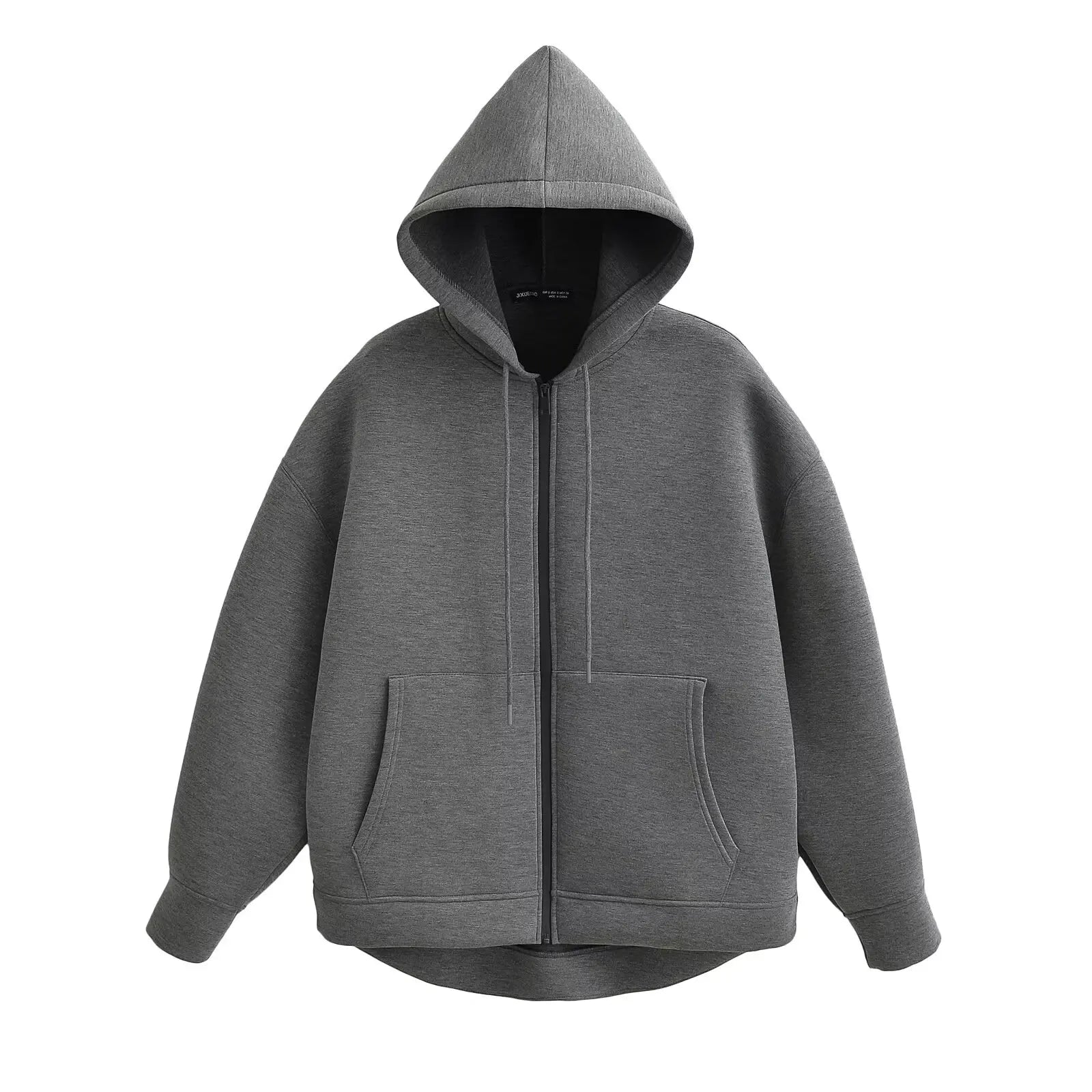 Women's Hooded Zip Jacket with Relaxed Fit and Drop Shoulders - Dark Grey