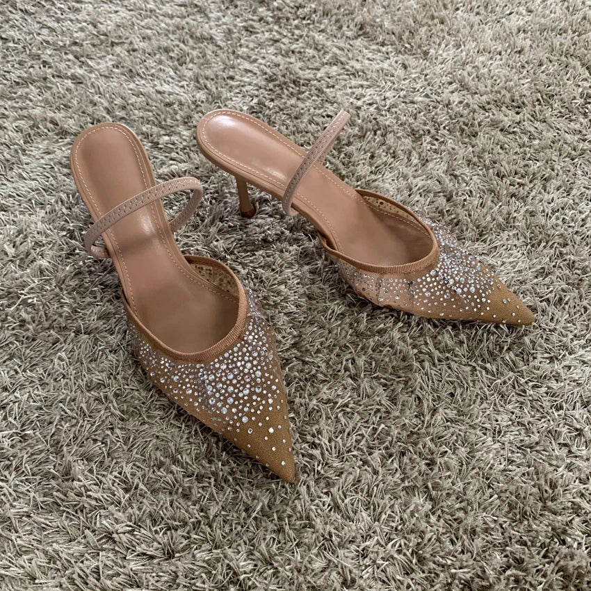 Women's Slingback Heels with Rhinestone Mesh Upper - 3