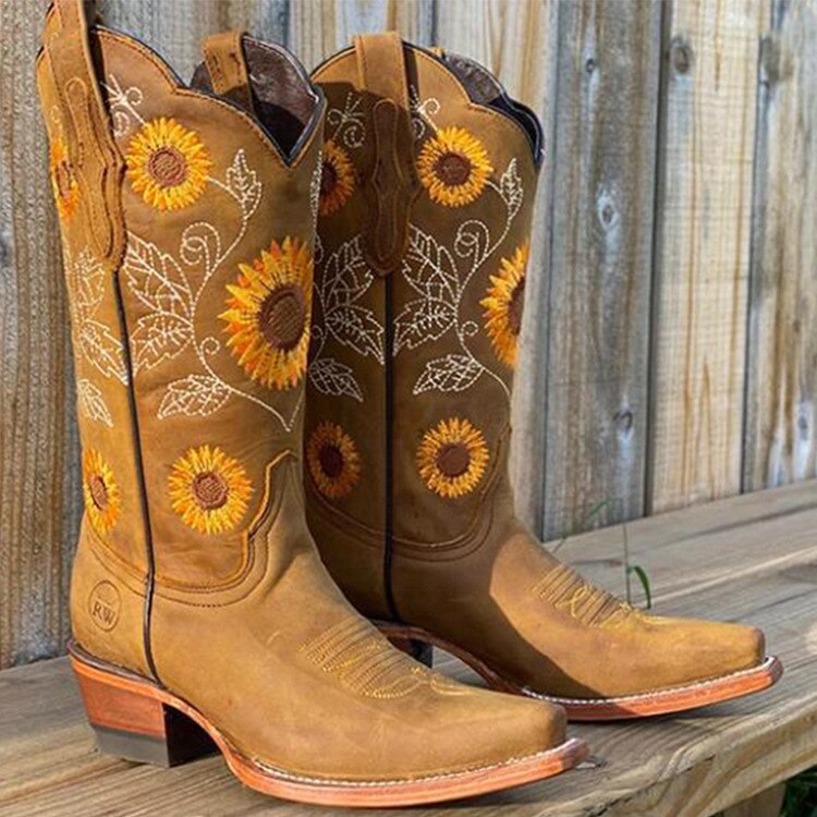 Women's Western Boots with Sunflower Embroidery and Scalloped Topline - 2