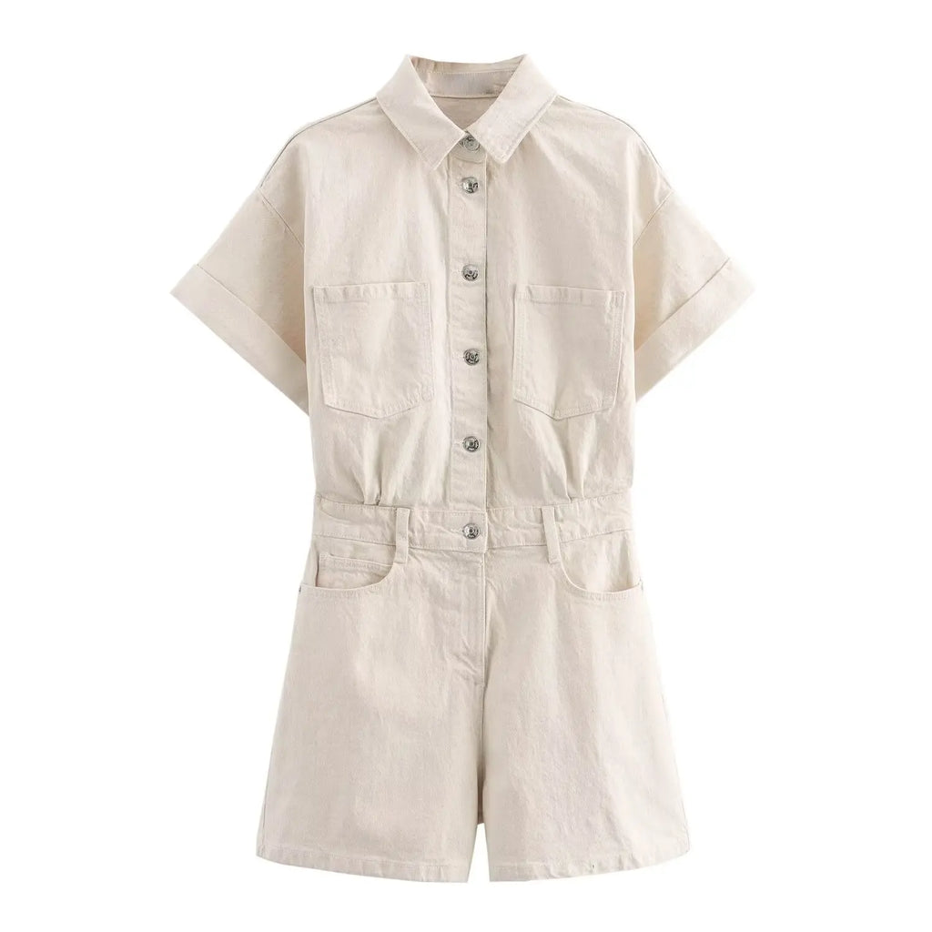 Women's Denim Playsuit with Chest Pockets and Button Front - Khaki
