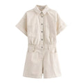 Women's Denim Playsuit with Chest Pockets and Button Front - Khaki