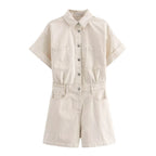 Women's Denim Playsuit with Chest Pockets and Button Front - Khaki