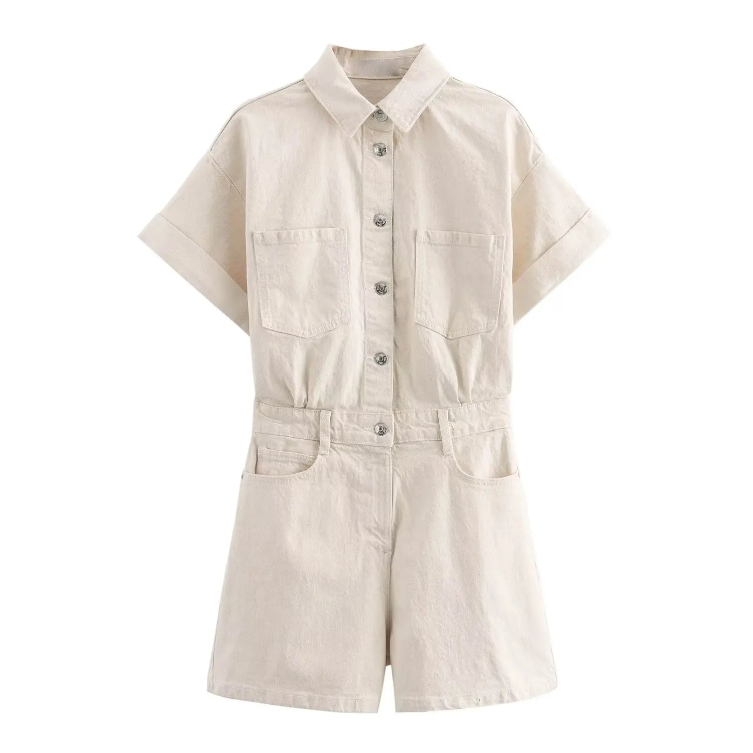 Women's Denim Playsuit with Chest Pockets and Button Front - Khaki