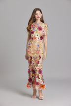Women's Midi Dress Floral Appliqué with High Neckline and Sheer Sleeves - 16