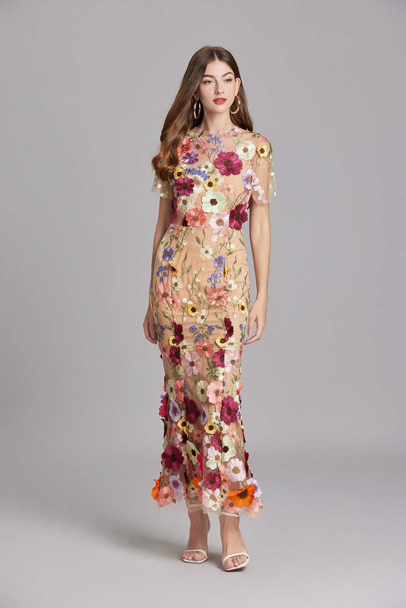 Women's Midi Dress Floral Appliqué with High Neckline and Sheer Sleeves - 16