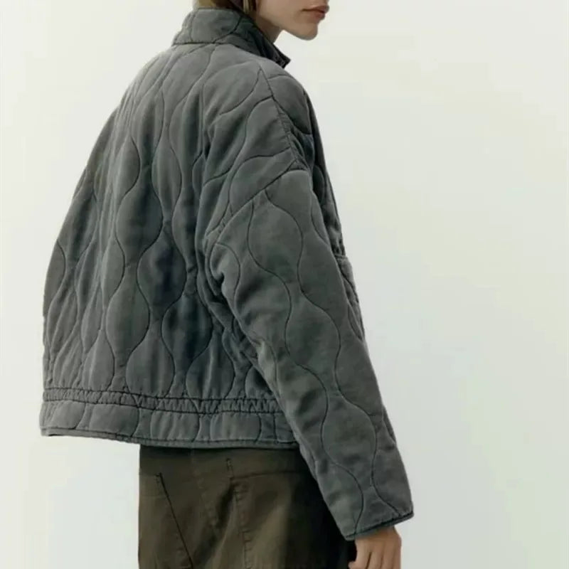 Women's Quilted Jacket with Pockets and Drawstring Waist - 6
