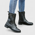 Women's Lace-Up Combat Boots with Buckle and Zip Detail - Black
