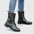 Women's Lace-Up Combat Boots with Buckle and Zip Detail - Black